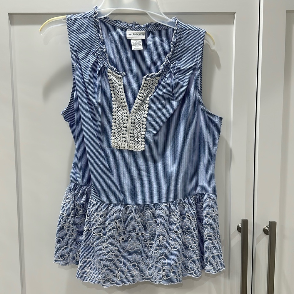 embroidered peplum, blue and white striped summer tank top